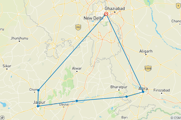 Mapa de India en Coche con Conductor con buenos hoteles - ¡Triángulo de Oro y Samode!