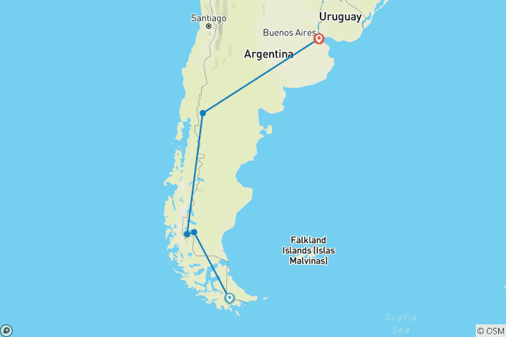 Map of Argentina - Ushuaia, Calafate, Bariloche & Buenos Aires or Viceversa - 14 days