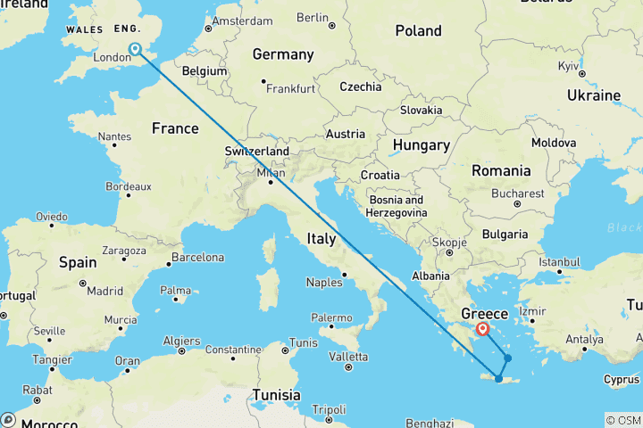 Map of London Crete and Santorini with meals and drinks