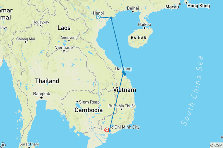 Map of Splendid Vietnam Tour from Hanoi to Saigon via Hoi An, Halong Bay