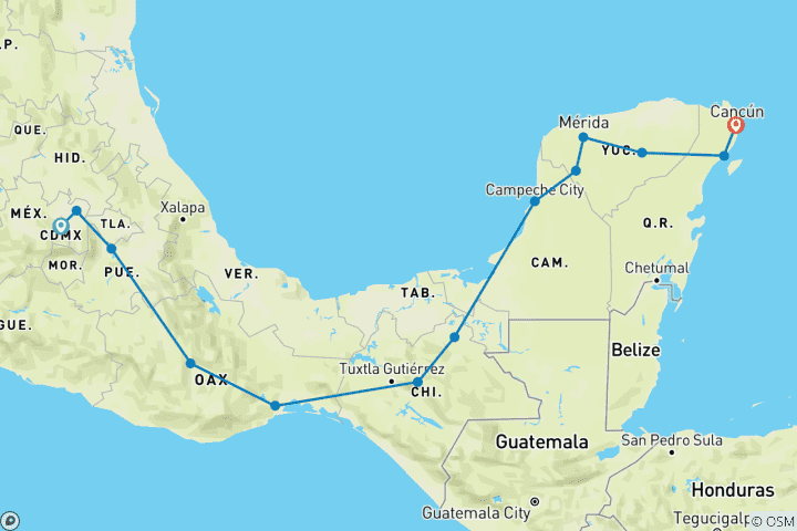Map of 2 Weeks Tailor-Made Private Mexico Fully Guided Tours, Daily Start