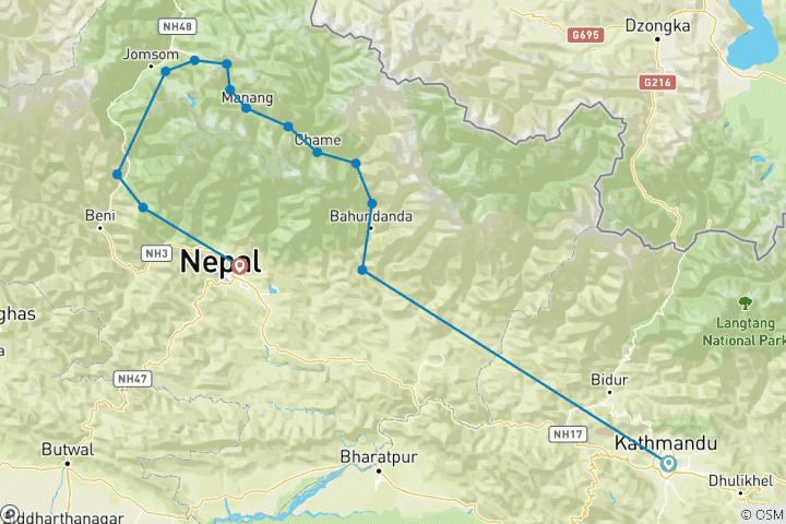 Carte du circuit Circuit de l'Annapurna Trek 23 jours