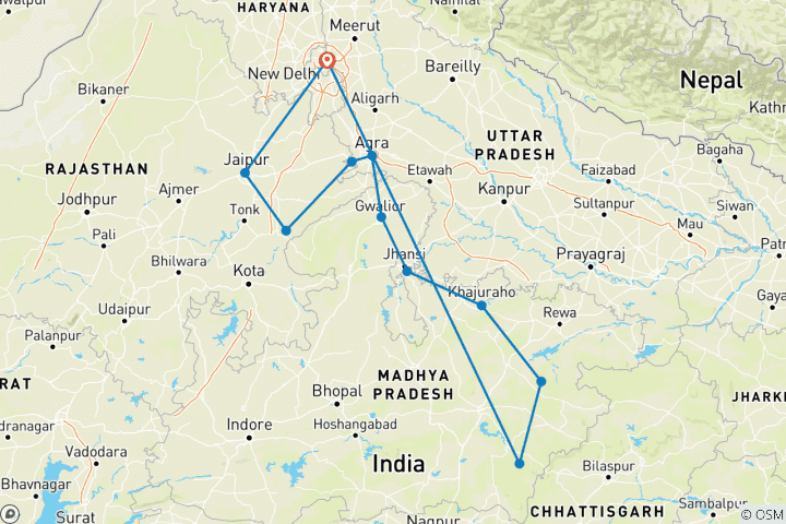 Carte du circuit Rencontres sauvages de l'Inde du Nord - Circuit de découverte de la faune et de la flore en Inde