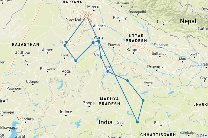 Carte du circuit Rencontres sauvages du nord de l'Inde - Circuit de découverte de la faune et de la flore en Inde