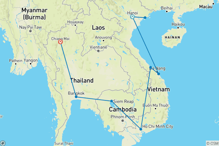 Kaart van Verleidelijk Vietnam & de tempels van Angkor met Bangkok & Chiang Mai