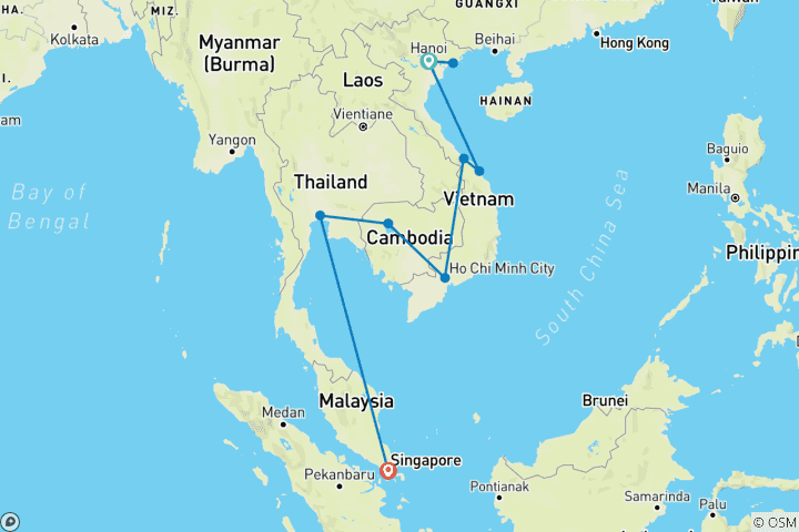 Kaart van Verleidelijk Vietnam & de tempels van Angkor met Bangkok & Singapore