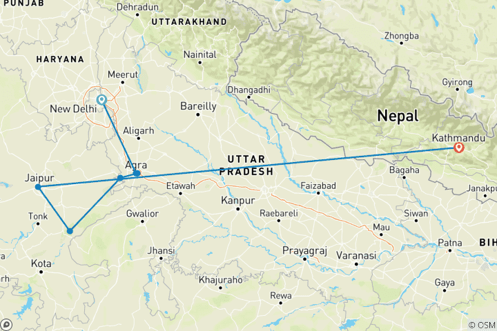 Map of Icons of India: The Taj, Tigers & Beyond with Kathmandu