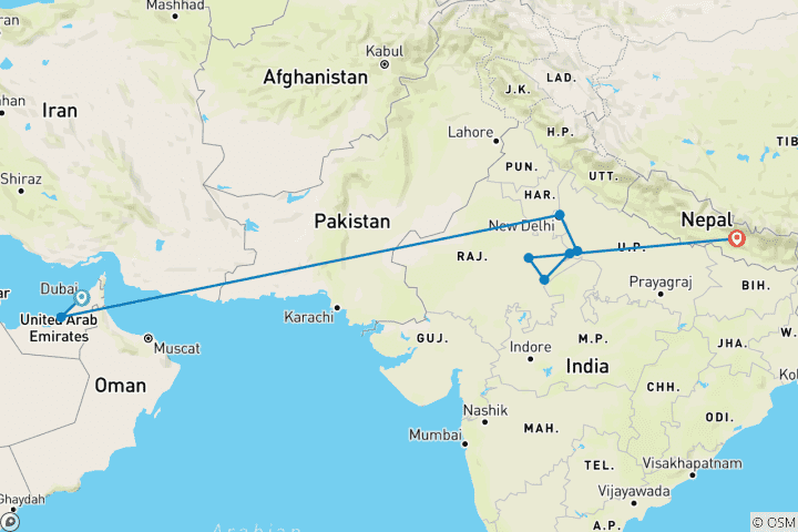 Carte du circuit Icônes de l'Inde : Le Taj, les tigres et au- delà avec Dubaï et Katmandou