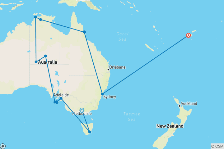 Carte du circuit Spectaculaire Australie avec le train historique de Ghan et Fidji