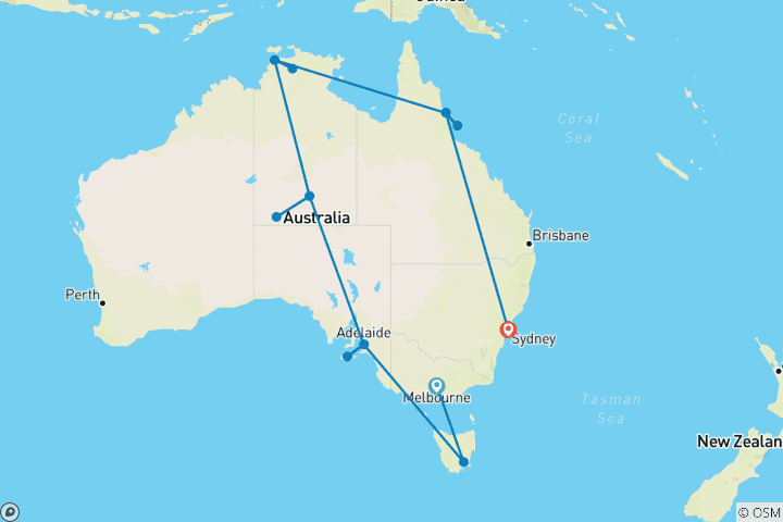 Carte du circuit Spectaculaire Australie avec le train historique de Ghan