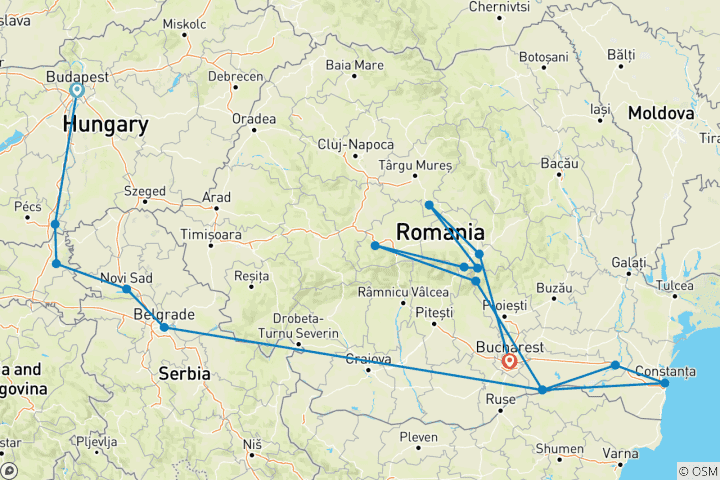 Carte du circuit Le long du Danube, Budapest, la péninsule des Balkans et le delta du Danube (croisière de port à port) (from Budapest to Bucarest)