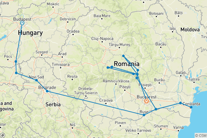 Carte du circuit Le long du Danube, Budapest et la péninsule balkanique (from Budapest to Bucarest)
