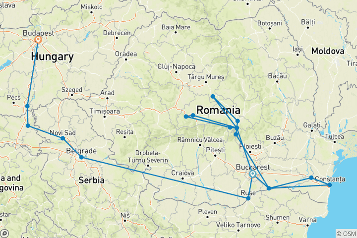 Map of Along the Danube, the Balkan peninsula and Budapest (from Bucharest to Budapest)