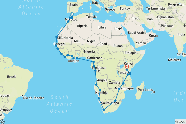 Carte du circuit De Fès à Nairobi (38 SEMAINES) Transafricaine