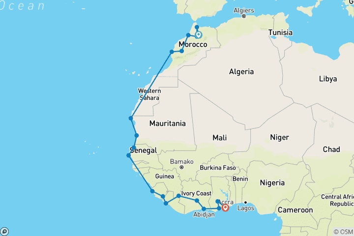 Map of Fes to Accra (75 Days) Trans Africa