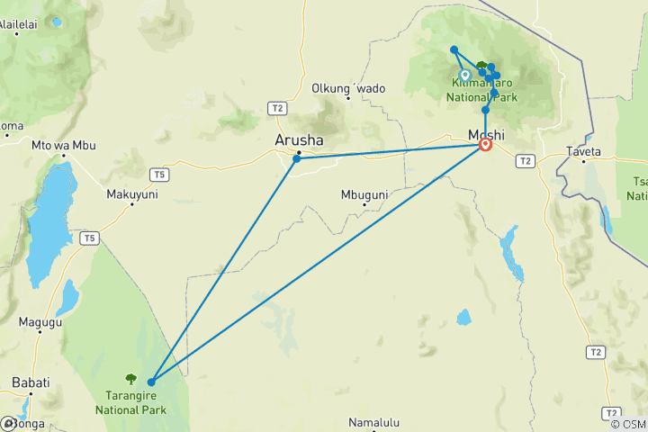 Map of 7 Days Kilimanjaro Climbing Via Machame Route Plus 2 Days Safari (all accommodation and transport are included)