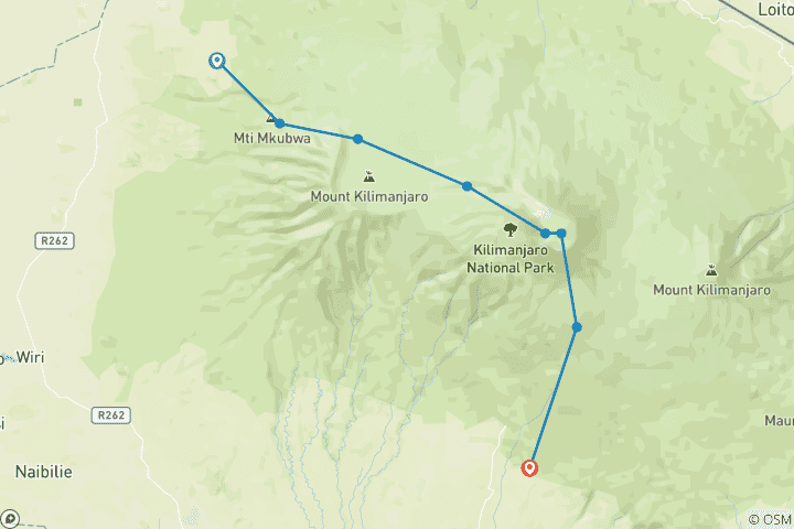 Kaart van Kilimanjaro beklimming 10-daagse Noordelijke kraterroute (alle accommodatie en vervoer zijn inbegrepen)