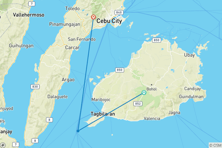 Map of Customized Cebu & Bohol Adventure, Daily Departure & Private Guide