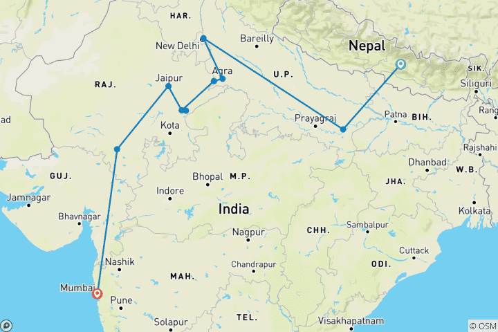 Carte du circuit L'Inde : Pays du Taj et des tigres avec Katmandou, Varanasi, Udaipur et Mumbai