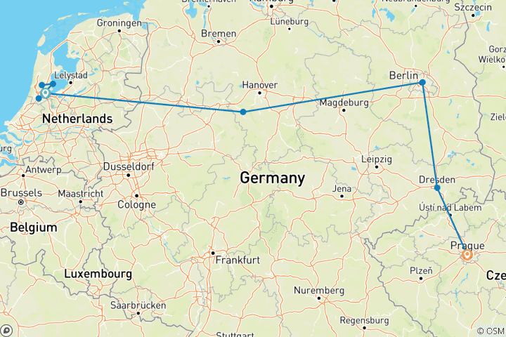 Carte du circuit Prime Amsterdam à Berlin et Prague 7 jours