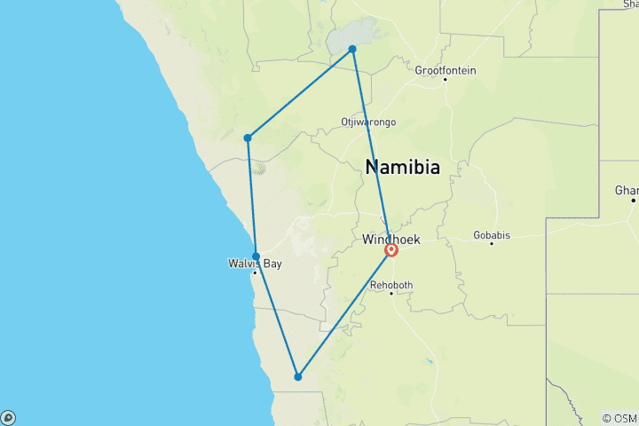 Carte du circuit Meilleur circuit sur mesure en Namibie pour les familles avec safari, voiture privée