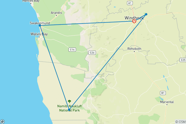 Carte du circuit Aventure privée sur mesure dans le désert de Namibie, départ quotidien