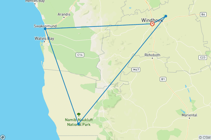 Carte du circuit Aventure sur mesure dans le désert rouge de Namibie, départ quotidien et voiture privée