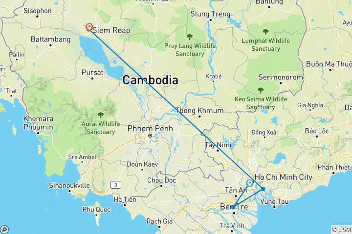 Map of Vietnam and Cambodia Package tour in 5 days