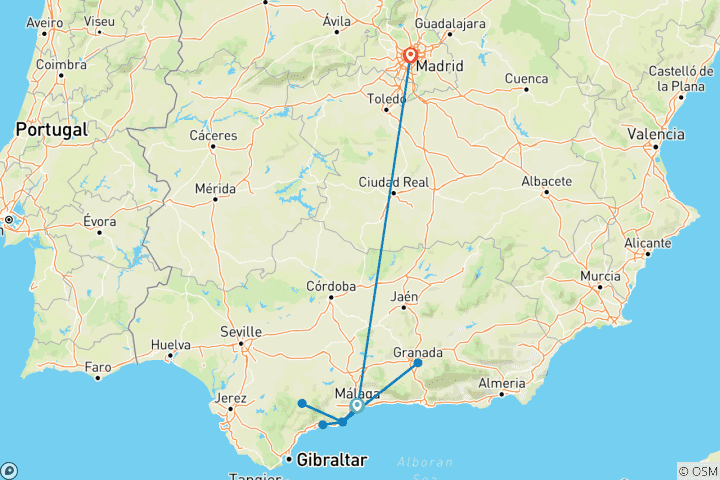 Mapa de Costa del Sol y Madrid, España (de Málaga a Madrid) (2025)