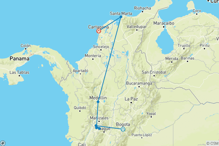 Carte du circuit Voyage personnalisé de 2 semaines en Colombie pour les familles, départ quotidien