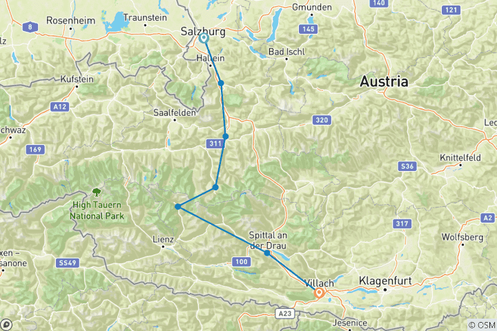 Map of Alpe-Adria Cycle Route I for families, Salzburg - Villach