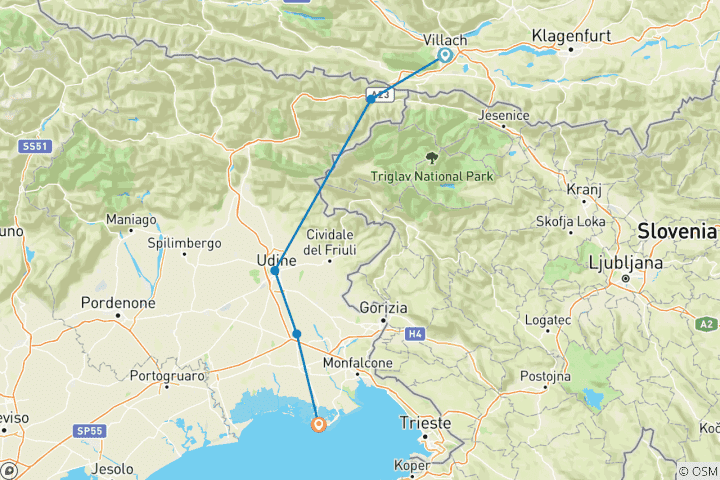 Map of Alpe Adria Cycle Route II for Families From Villach to Grado