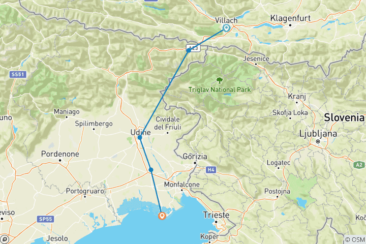 Mapa de Ruta Ciclista Alpe-Adria II para familias, Villach - Grado