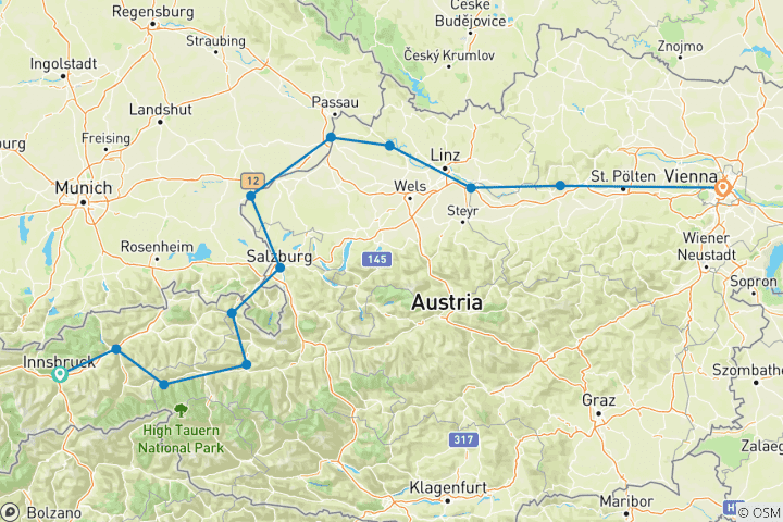 Kaart van Innsbruck - Salzburg - Wenen: de rivierfietsroutes van Oostenrijk