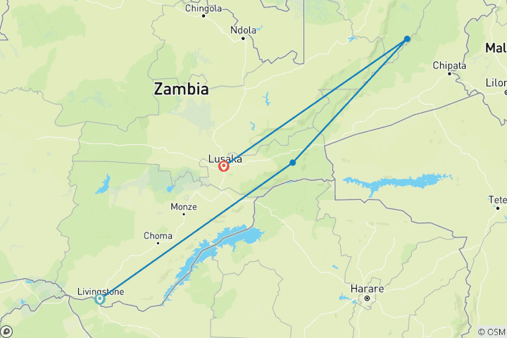 Carte du circuit Circuit sur mesure en Zambie avec départ quotidien, voyage privé