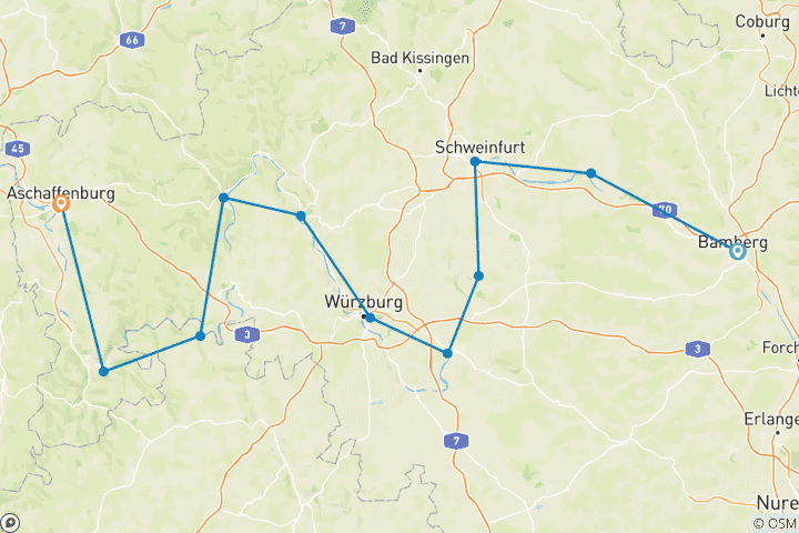 Karte von Main: Bummeltour von Bamberg nach Aschaffenburg (12 Tage)