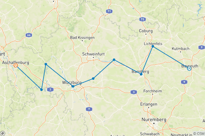 Karte von Main: Die Lange von Bayreuth nach Aschaffenburg (10 Tage)