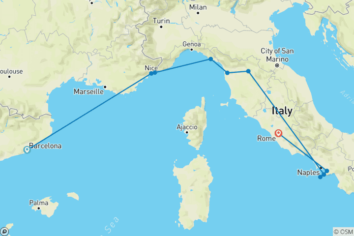 Kaart van Quest van Barcelona naar Rome (zomer, 9 dagen)