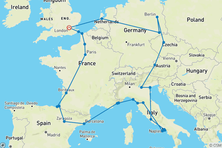 Map of European Quest (Summer, Start Paris, Classic, 25 Days)