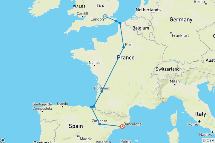 Map of London to Barcelona Quest (Summer, Start Paris, 8 Days)