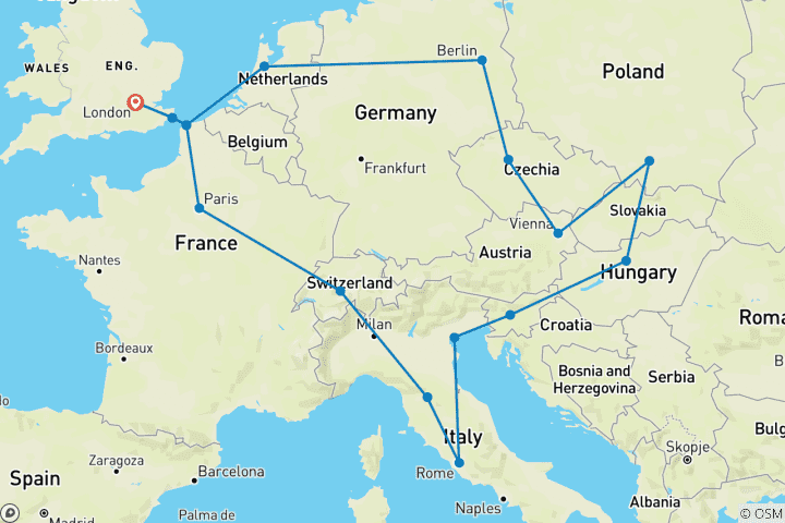 Map of European Trail (Summer, Start Amsterdam, Classic, 23 Days)