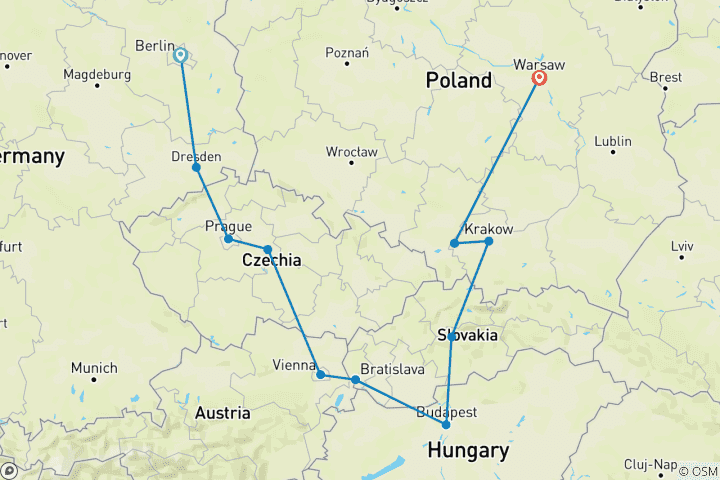 Map of Eastern Europe Road Trip (End Warsaw, 13 Days)