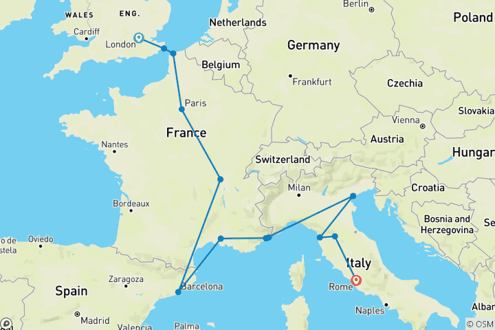 Carte du circuit De Londres à Rome - départ de Paris, 15 jours