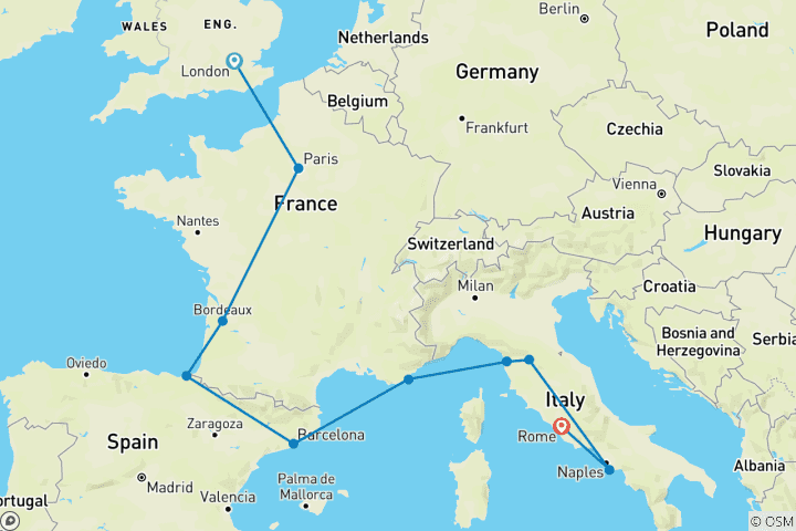 Mapa de Londres a Roma Quest (Estándar, Verano ( A partir de Abr '27), Inicio Londres, Clásico)