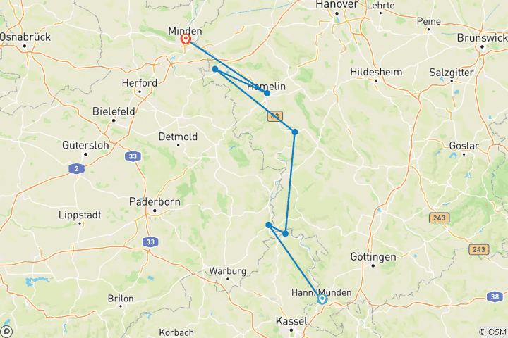 Kaart van Weser: Het Kort van Hann. Münden tot Minden (5 dagen)