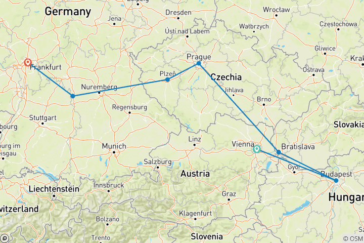 Kaart van Oostenrijk, Hongarije, Slowakije, Tsjechië, Duitsland 7 Dagen