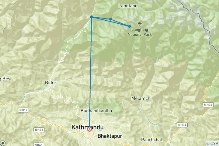 Carte du circuit Trek de la vallée du Langtang 8 jours