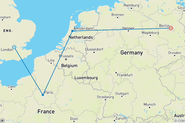 Kaart van Londen naar Berlijn per trein (zomer, 9 dagen)