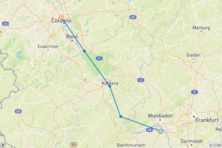 Karte von Rhein: Flotte Fahrt voran von Mainz nach Köln (6 Tage)