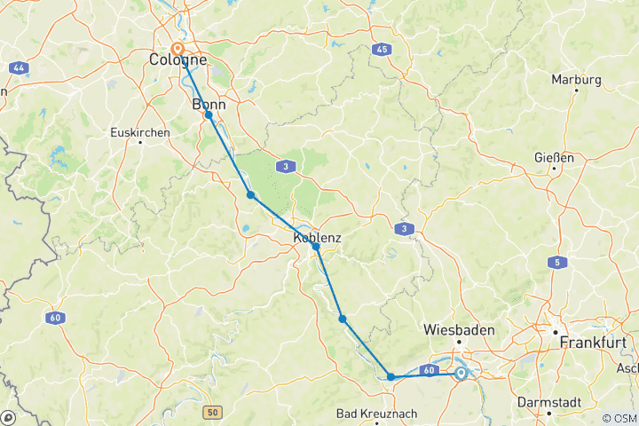 Karte von Rhein: Bummeltour von Mainz nach Köln (8 Tage)